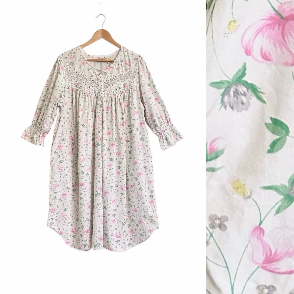 Vtg Victoria’s Secret Gold Label Floral Cotton Grandma Nightgown Pockets Large